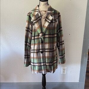 Plaid Notch-Lapel Blazer in Green & Brown Tones